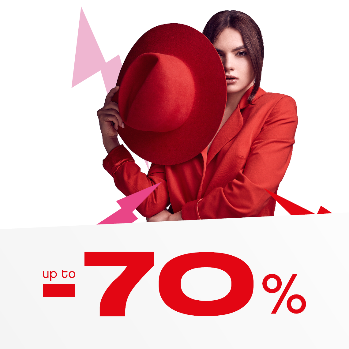woman dressed in red, with a red hat and the inscription "up to -70%"